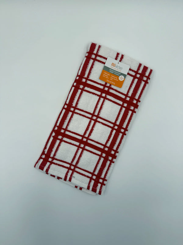 Mu Kitchen Windowpane Cotton Terry Towel - Crimson