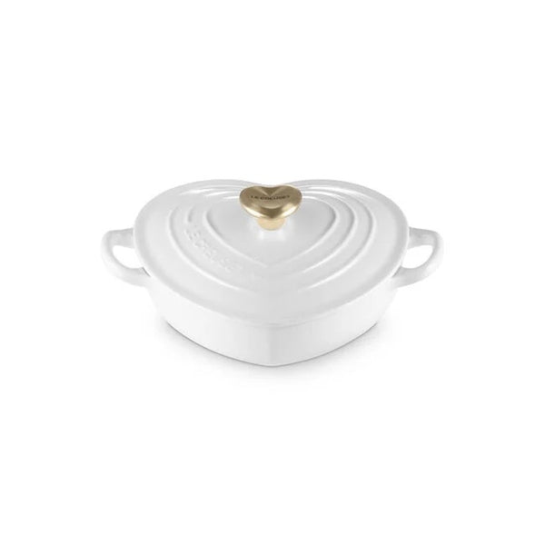 Le Creuset Cast Iron Shallow Heart 1.25qt w/Light Gold Knob - White