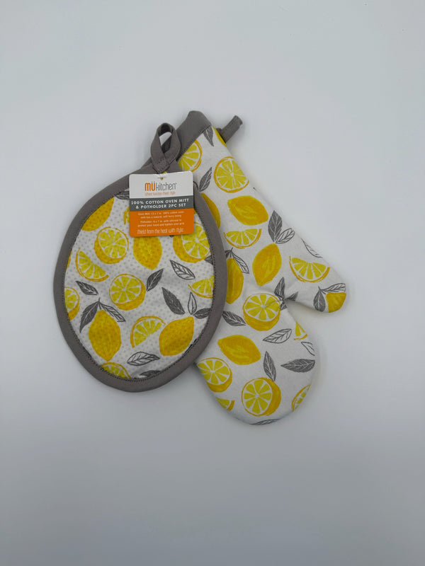 Mu Kitchen Designer Oven Mitt & Potholder 2pc Set - Lemon Zest