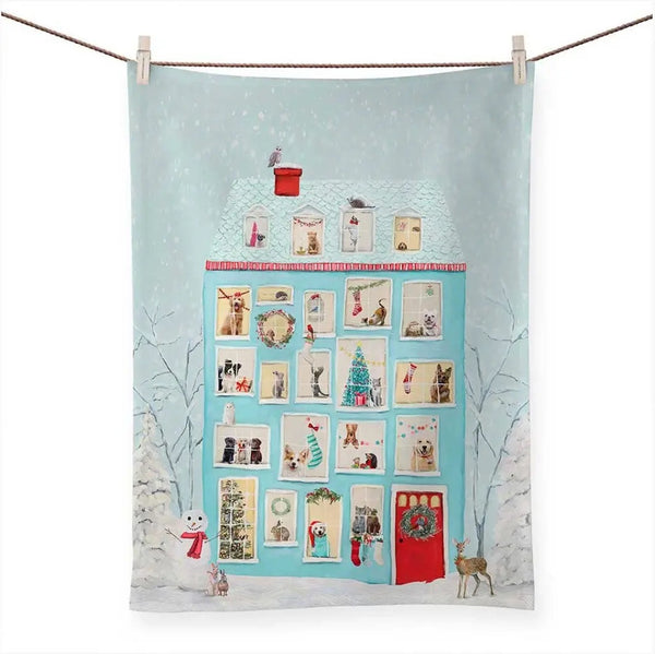 Festive Animal House Tea Towel by Cathy Walters