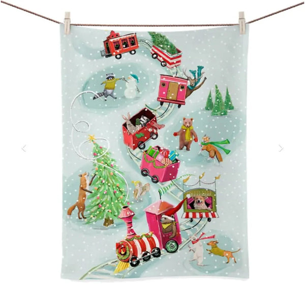 Holiday Animal Train Tea Towel by Cathy Walters
