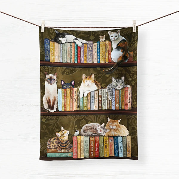 Cats on Books Tea Towel by Cathy Walters