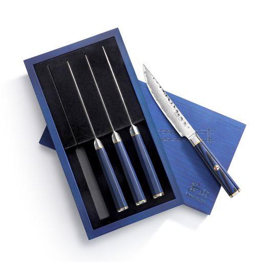 Cangshan Kita Steak Knife 4pc Set Blue in a Ash Wood Box