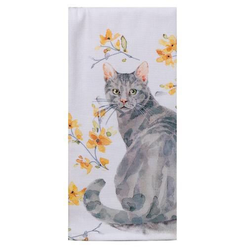 Kay Dee Towel Terry Sweet Home Cat Grey With Yellow Flowers