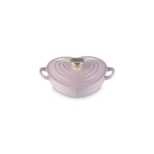 Le Creuset Cast Iron Shallow Heart 1.25qt w/Light Gold Knob - Chiffon Pink