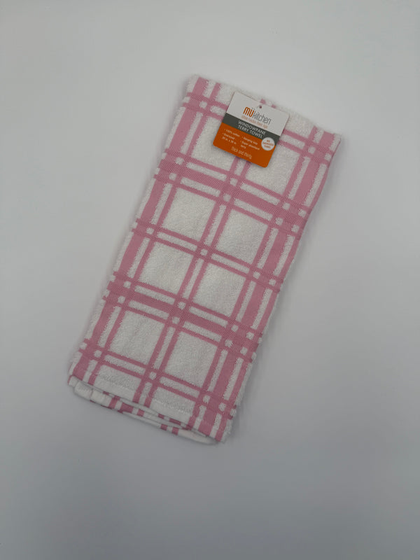 Mu Kitchen Windowpane Cotton Terry Towel - Pink Petals