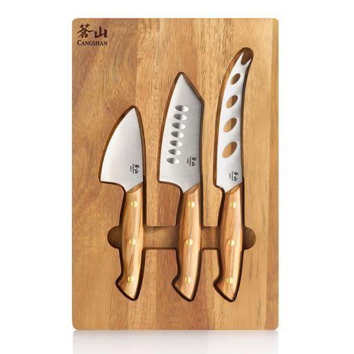 Cangshan 3-Piece Olive Wood Cheese Knife Set with Acacia Cheese Board