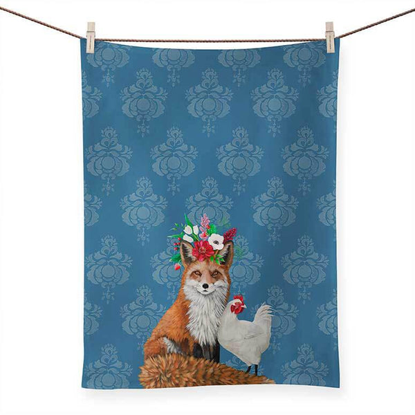 Green Box Tea Towel - Fox and Rooster on Blue