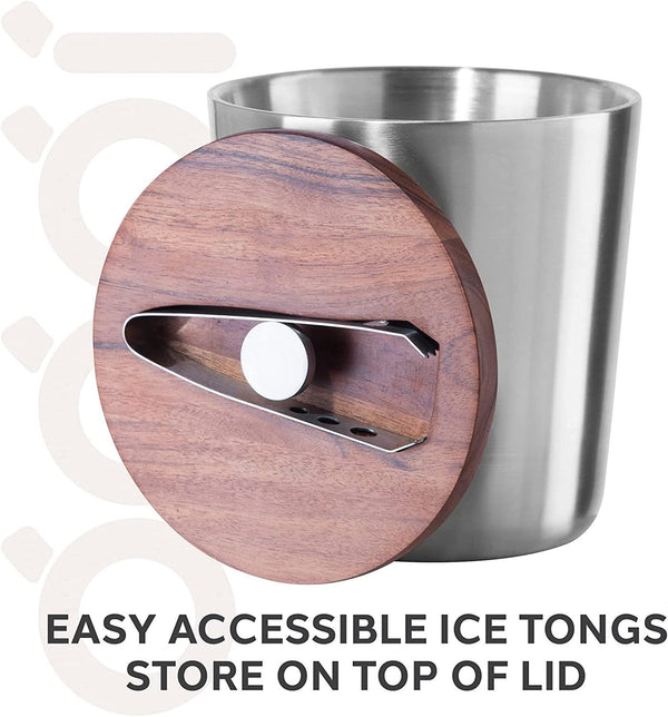 Oggi Modernist Ice Bucket with Stainless Steel and Wood Lid