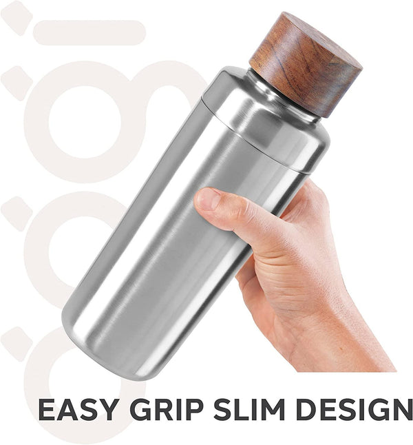 Oggi Modernist Stainless Steel and Wood Cocktail Shaker